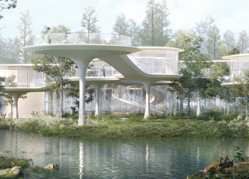 Elevated Walkways and Laminated Glass Integrate Natural Landscapes in a Mindfulness Retreat