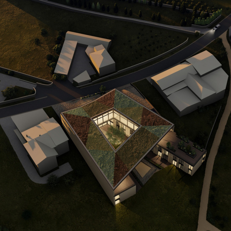 Charred Wood Shingles and Green Roof Integration in a Triangular Elderly Residence