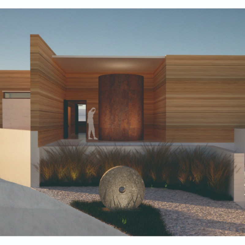 Rammed Earth Walls and Corten Steel Accents in a Sustainable Olive-Centric Guest House