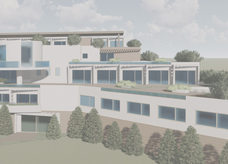 Charred Wood Shingles Overlaying Concrete Forms in a Multi-Dimensional Wellness Facility