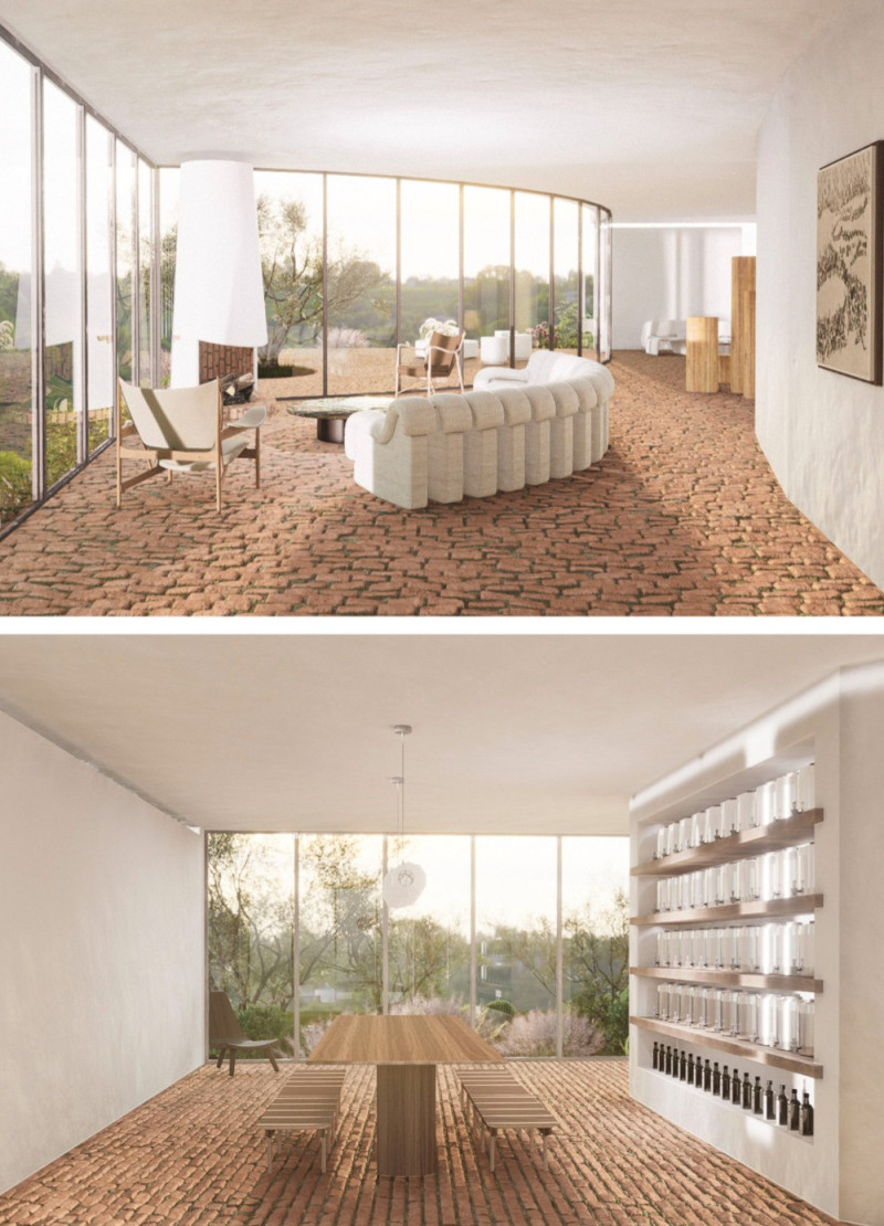 Terracotta Walls and Glass Transparencies Create Harmonious Patios in a Community-Centric Space