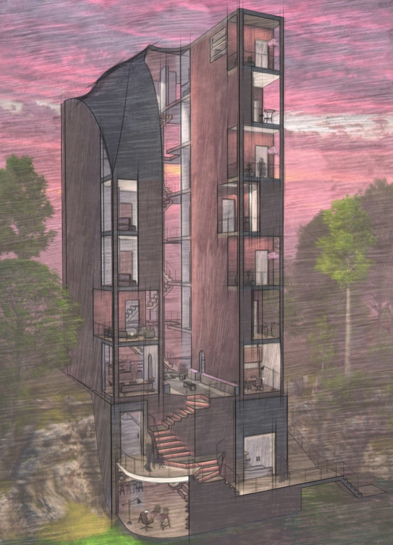 Cantilevered Concrete Structure with Expansive Glass Facades and Integrated Green Roofs for Community Living