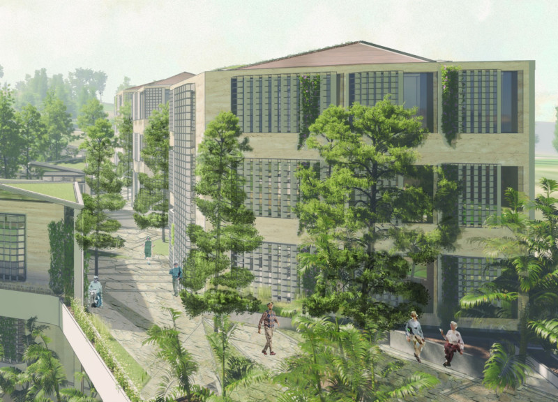 Biophilic Living Spaces Enhanced by Green Walls and Reinforced Concrete in a Community-Oriented Center