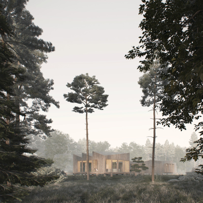 Repurposed Wood Cabins Merging Modular Living with Forest Integration