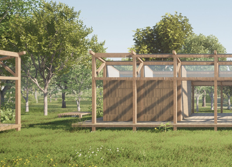 Sensory Retreat Constructed with Local Wood and Charred Shingles in a Forested Setting