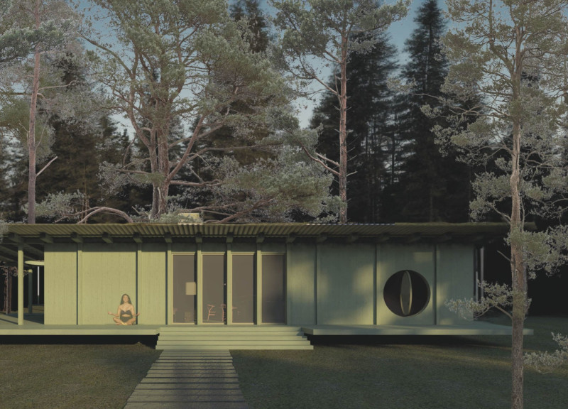 Monolithic Roof and Green Façade Crafted from Sustainable Timber for a Yoga Retreat