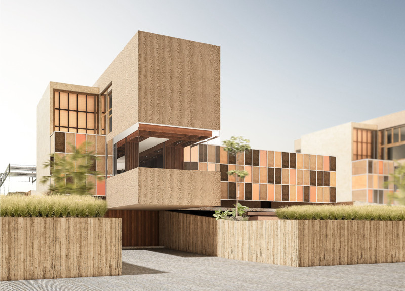 Rainwater Harvesting with Exposed Concrete and Walnut Accents in a Sustainable Desert Dwelling