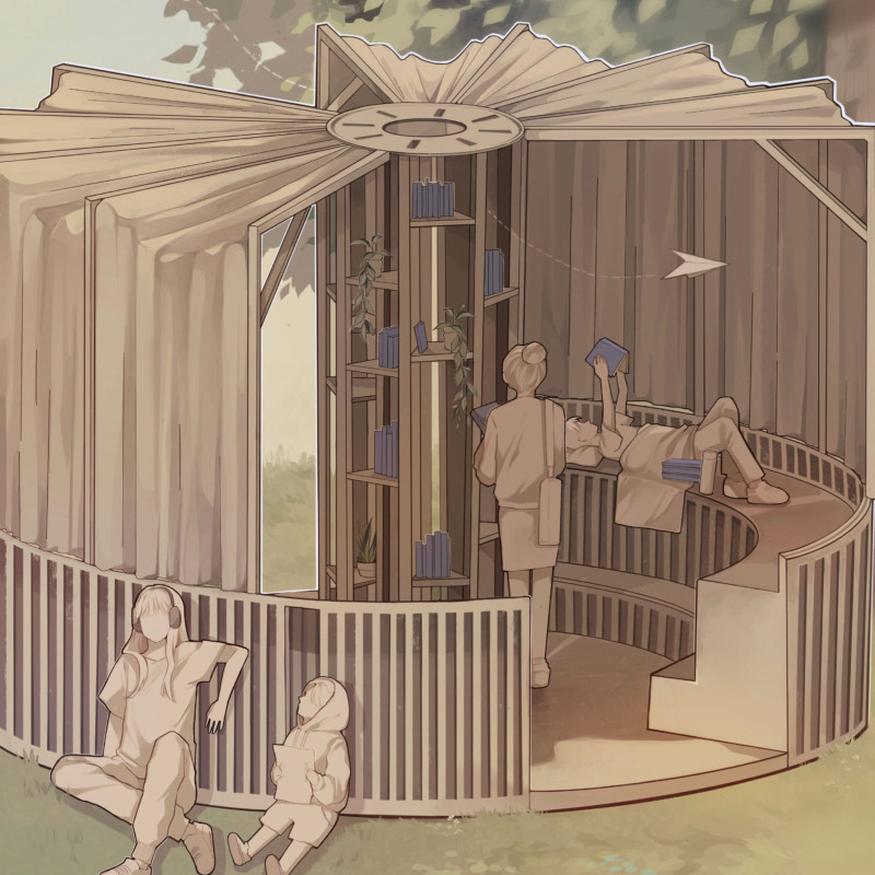 Circular Space Crafted from Timber and Fabric That Promotes Literacy and Community Engagement