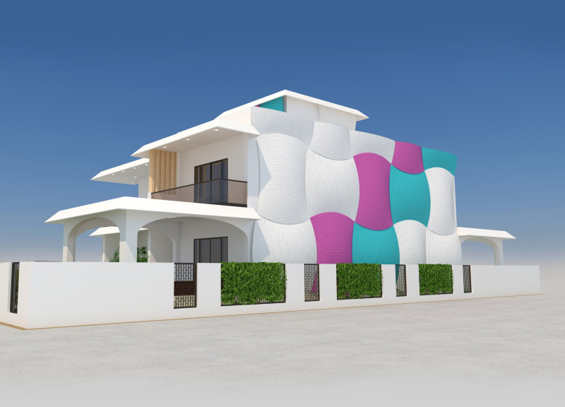 Colorful Metal Cladding and Sustainable Palm Landscaping in a Contemporary Emirati Residence