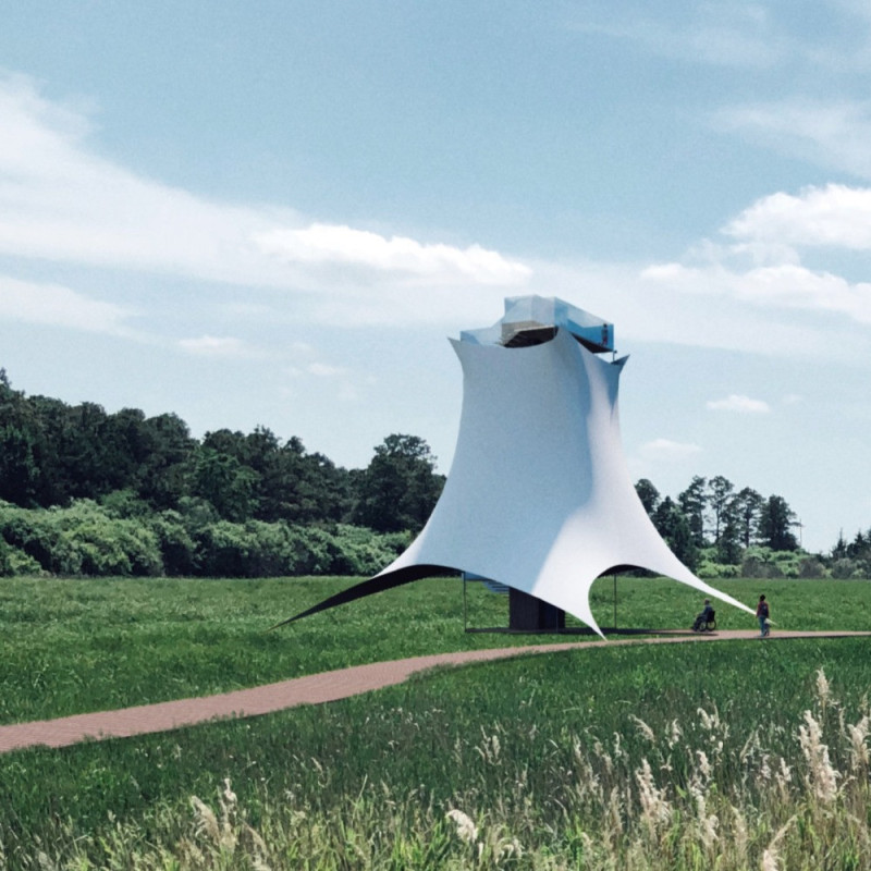 Tensile Ptfe Membrane Enveloping a Timber Observation Tower Balancing Nature and Community Engagement