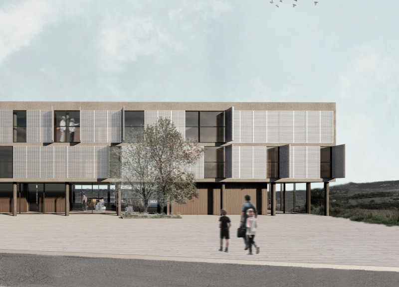 Perforated Screen Facade with Textured Concrete and Timber Cladding for Residential Community Spaces