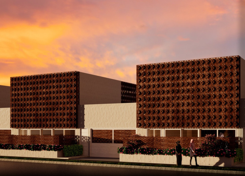 Central Interior Garden Enhanced by Clay Facade and Natural Light Integration