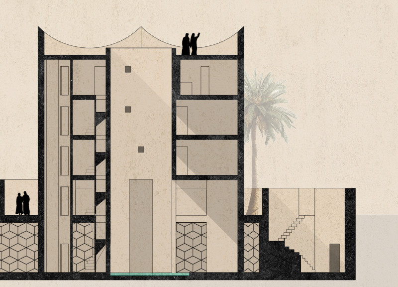 Water Feature and Natural Ventilation in a Sandy Concrete Residence with Cultural Heritage Elements