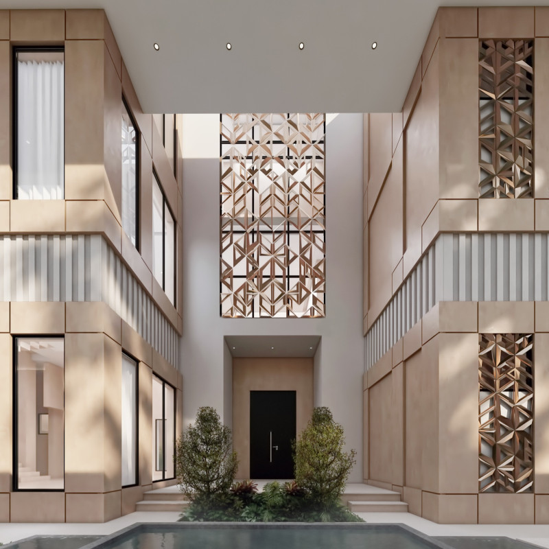 Geometric Lattice Facade of Red Clay Bricks and Natural Ventilation in a Modern Emirati Home