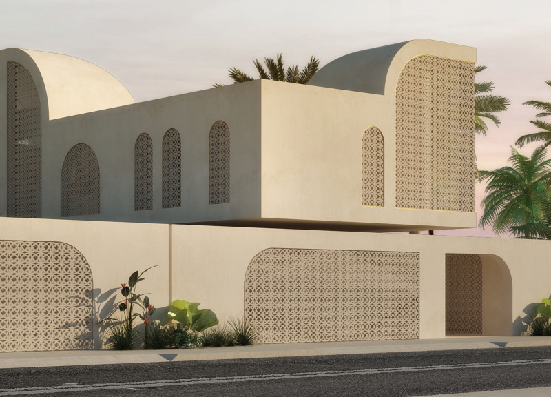 Solar-Powered Complex Featuring Natural Stone and Arched Design Elements