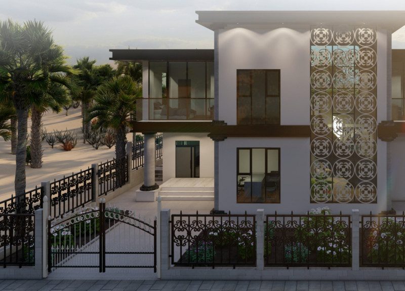 Heat Chimney and Palm-Inspired Sunshades in a Modern Residential Retreat