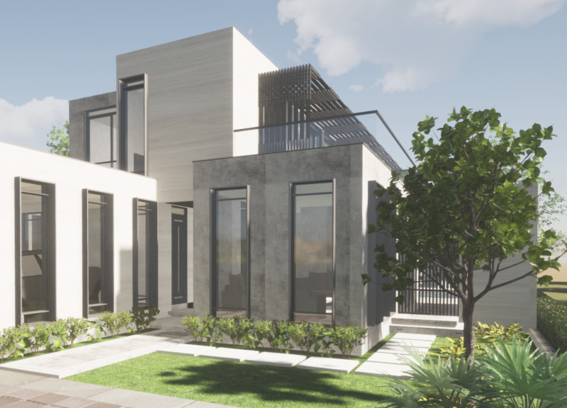 Central Courtyard Surrounded by Travertine and Modular Steel Elements in Contemporary Emirati Living