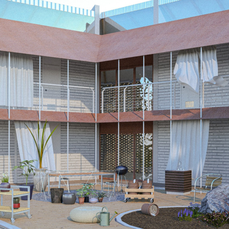 Textured Brick Facades with Integrated Courtyards for Communal Living Spaces