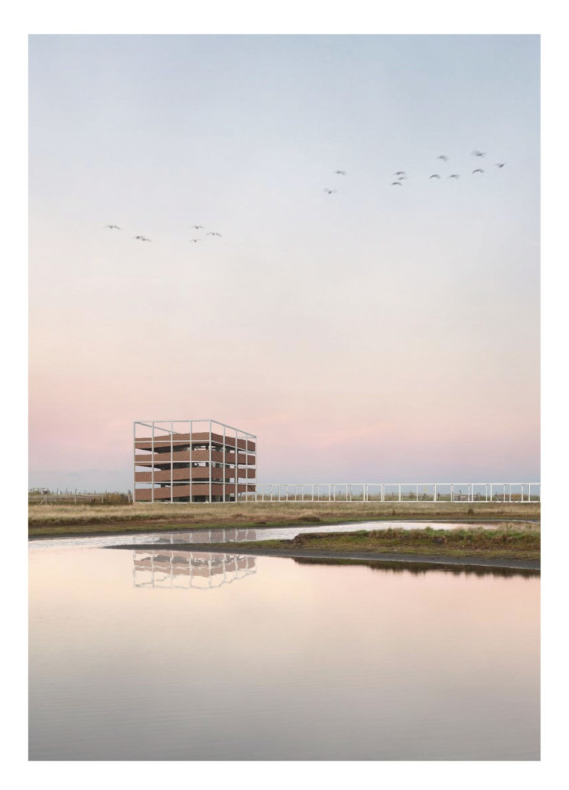 Cantilevered Structure Emphasizing Spiral Accessibility with Steel and Concrete in a Natural Landscape