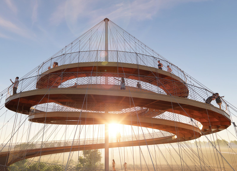 Cable-Stayed Structure Featuring Natural Wood and Steel Elements for Elevated Observation Experience