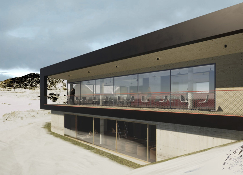 Charred Timber Facade with Red Steel Accents Creates a Community Spa and Bar Experience