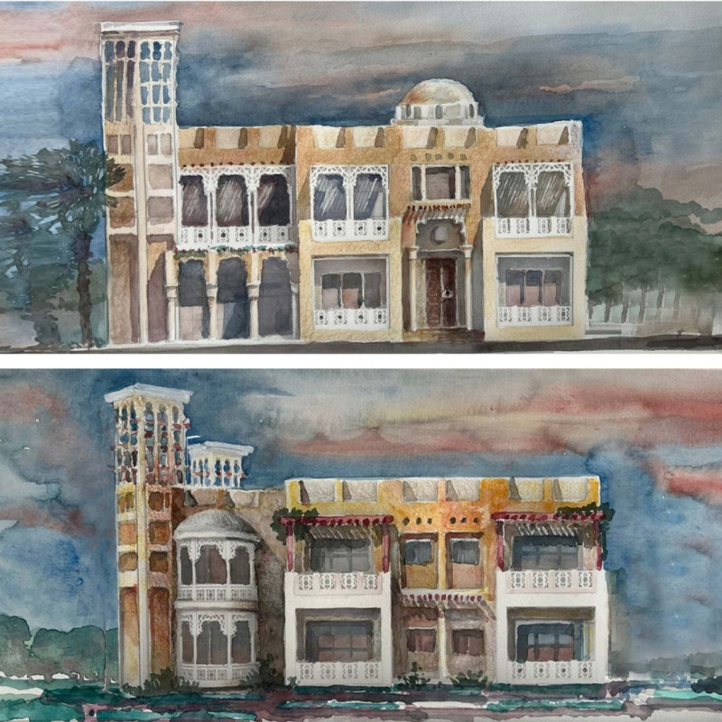 Sustainable Residence Featuring Coal Bottom Ash Construction and Traditional Wind Towers