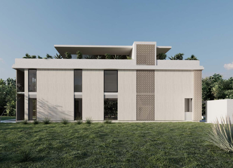 Perforated Screens and Natural Stone Define a Contemporary Residential Retreat