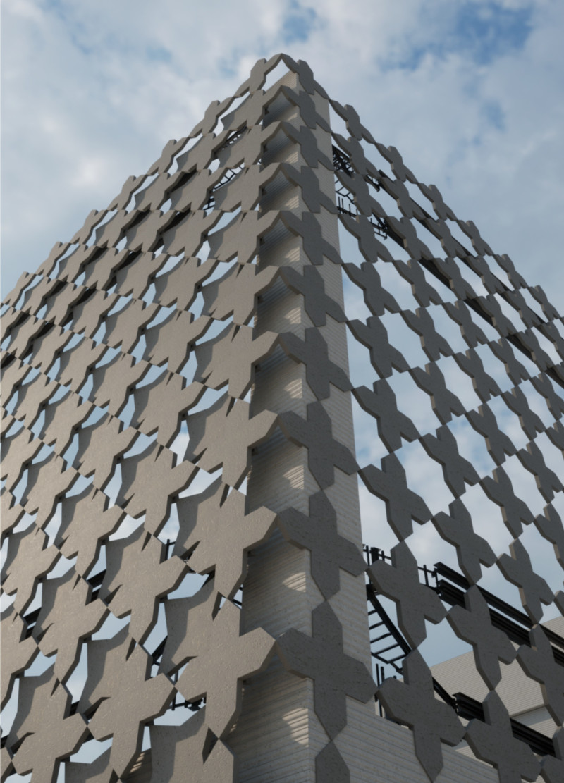 Geometric Facades with Elevated Windows Using Sustainable Cladding in Community-Centric Design