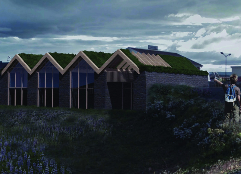 Basalt Stone Facade with Green Turf Roof and Panoramic Views in a Sustainable Hospitality Space