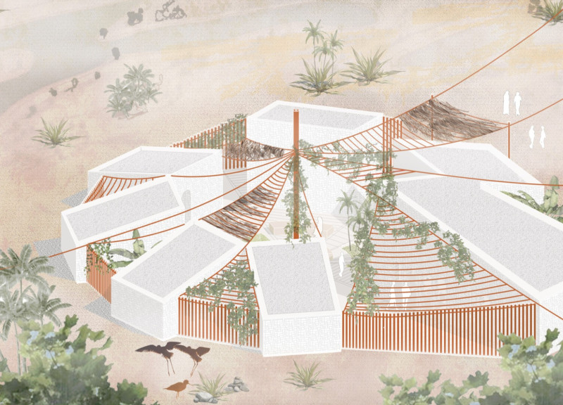 Coral Stone Canopy with Natural Insulation and Communal Living Spaces