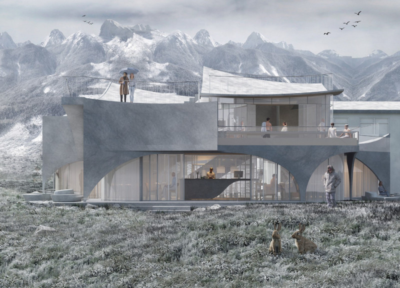 Curvilinear Glass Facade Enhanced by Charred Shingles for a Brewery and Spa Experience