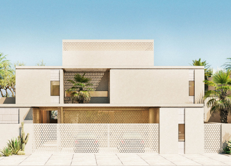 Perforated Concrete Facades and Natural Stone Cladding in a Family-Centric Residential Design