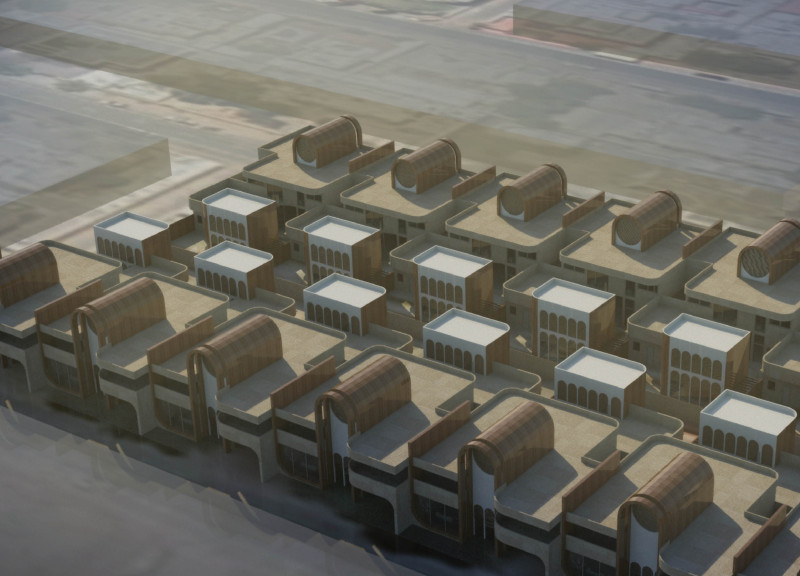 Charred Wooden Shingles and Windcatchers Defining a Community Space in Arched Residential Design