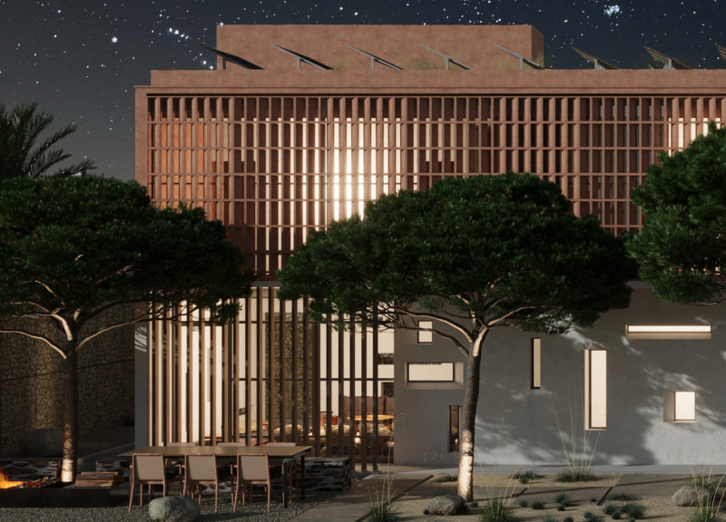 Rammed Earth Structure with Natural Wood Shades Optimized for Arid Environments