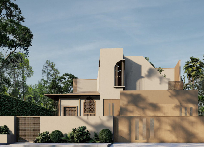 Courtyard Home Featuring Sustainable Stone and Glass Elements with Traditional Mashrabiya Screens