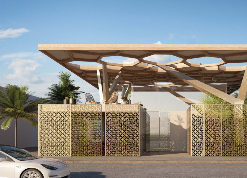 Honeycomb Photovoltaics and Limestone Facade in Sustainable Desert Residence