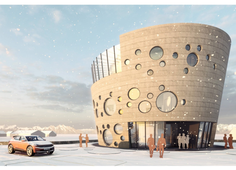 Perforated Concrete Façade Enhances Spa Experience Amid Volcanic Landscape