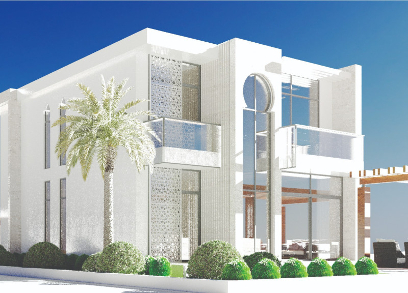 Perforated Aluminum and Travertine Walls Define a Modern Arabian Residence