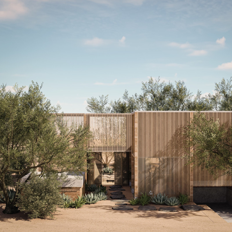 Rammed Earth Habitat with Lattice Wood Shading in an Arid Environment