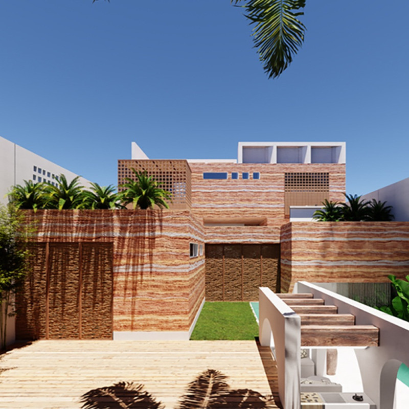 Rammed Earth Structure with Rooftop Garden and Natural Ventilation Strategies