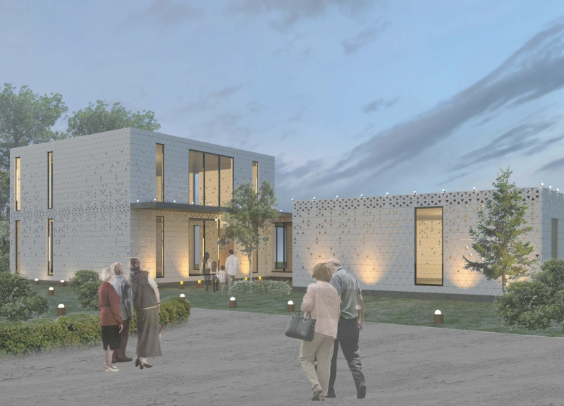 Modular Living Spaces Built with Thermal Insulating Concrete Panels and Geometric Patterns