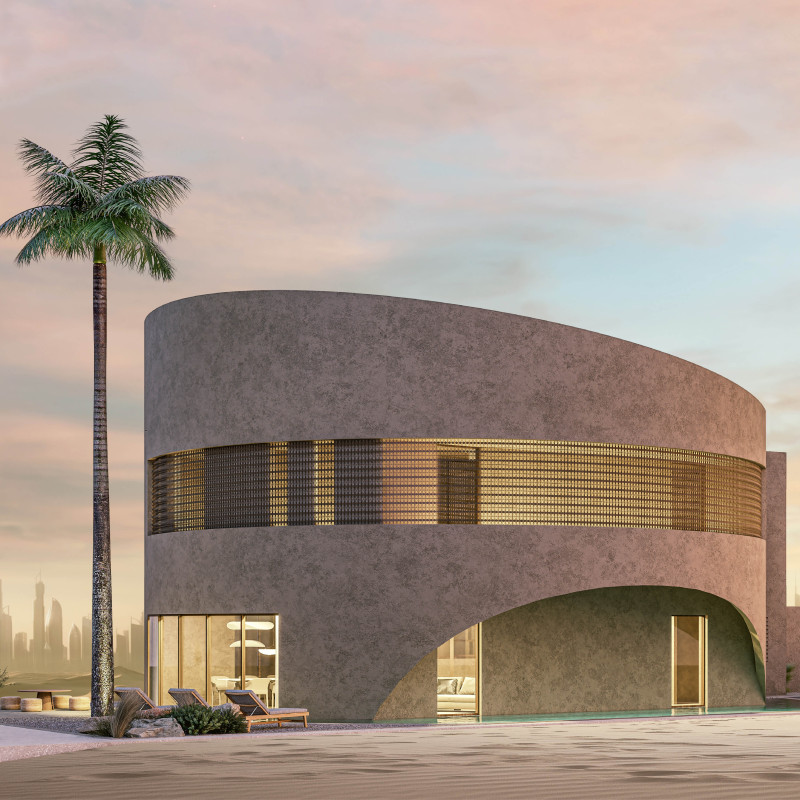 Curvilinear Design with Textured Concrete and Sustainable Accoya Wood in a Modern Residential Setting