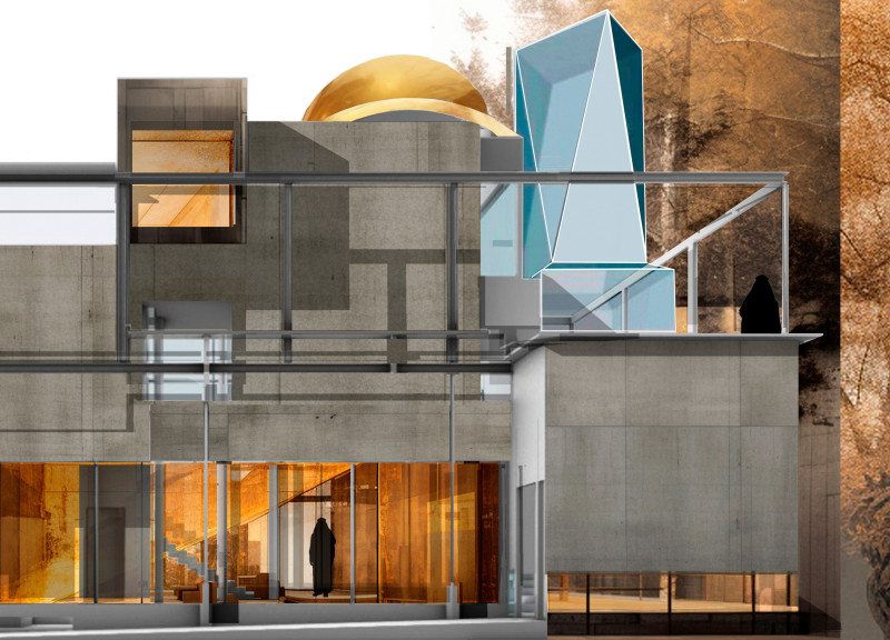 Golden Dome and Biophilic Gardens Enclosed in Stacked Volumes of Concrete and Timber