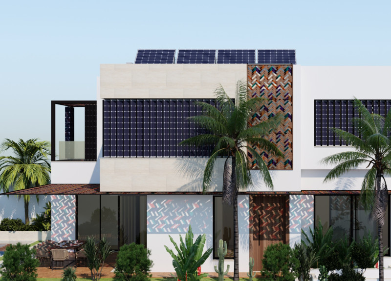 Curvilinear Form with Colored Glass Facade and Integrated Solar Panels for Sustainable Living