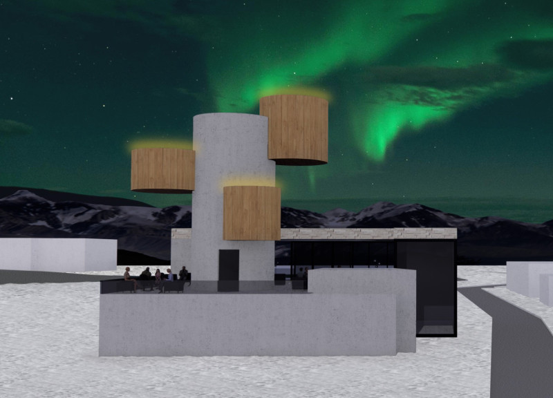 Cylindrical Volumes of Glass and Spruce Enveloping a Volcanic Retreat Experience