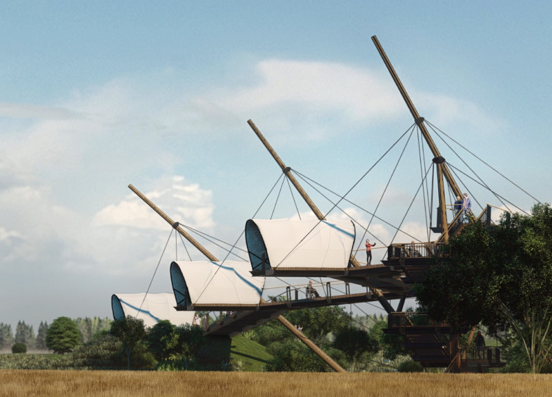 Tensile PVC Membrane Pavilions with Charred Wooden Shingles Create Cultural Hub