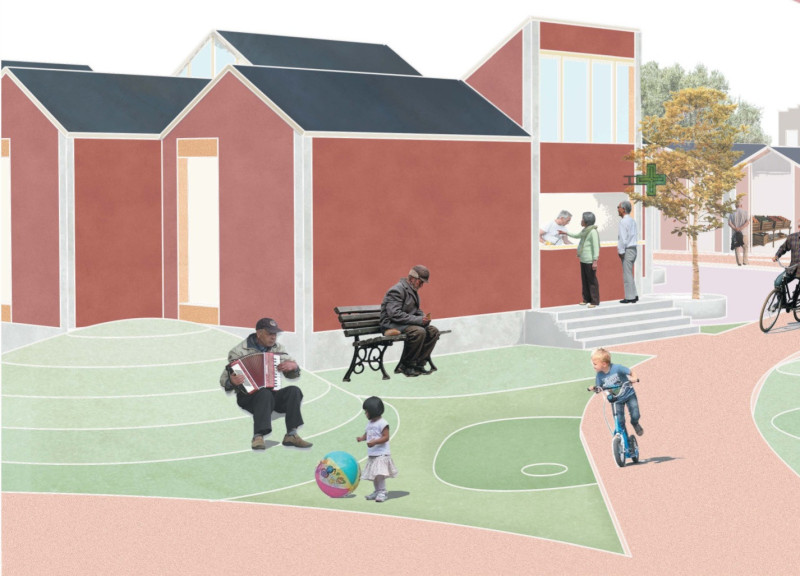 Self-Shading Structures with Recycled Rubber and Collaborative Green Spaces in Urban Senior Housing