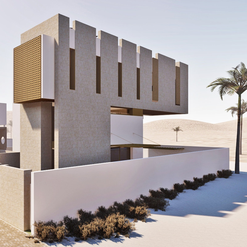 Natural Limestone Facade with Shaded Outdoor Spaces Offering Sustainable Living Solutions