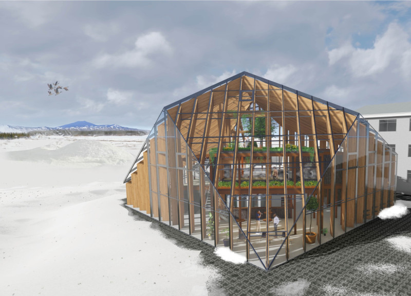 Polyhedral Crystal Roof Constructed with Locally Sourced Timber and Geothermal Energy Utilization