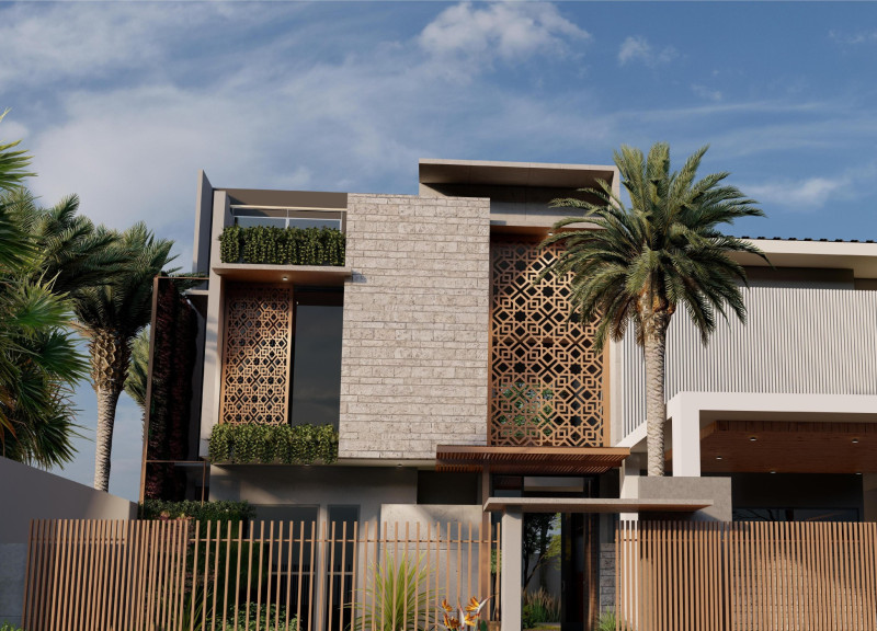Sustainable Oasis Featuring Traditional Windcatchers and Locally Sourced Materials in Desert Climate